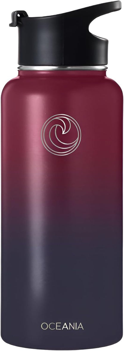 Oceania Flask 32oz Stainless Steel Water Bottles | Modern, Leakproof, Hydro BPA-Free, Insulated Water Bottle with 3 Lids, 3 Straws & 2 Straw Cleaning Brushes | Simple Camping & Hiking Water Bottles