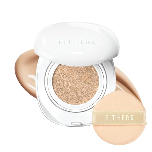EITHER& Glow Pixel Cushion Foundation, Glowy Skincare, Korean Makeup, Natural Coverage, Moisturizing, Lightweight, Long Lasting Coverage for Flawless Skin (23P Amber)