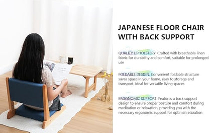 Japanese Floor Chair with Back Support, Foldable Meditation Chair, Legless Tatami Chair with Cushion, Floor Seat for Living Room, Bedroom, Bay Window (2, Blue)