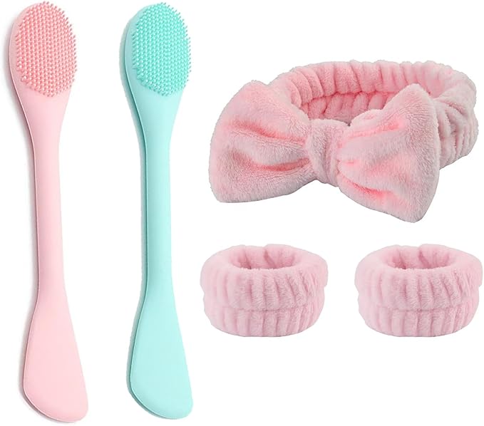 Facial Cleansing Brush, 2 in 1 Silicone Face Mask Brush & Face Scrubber, Face Wash Headband and Wristband Set，5 Pieces (Green&Pink+Pink)