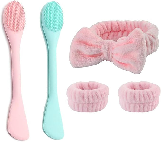 Facial Cleansing Brush, 2 in 1 Silicone Face Mask Brush & Face Scrubber, Face Wash Headband and Wristband Set，5 Pieces (Green&Pink+Pink)
