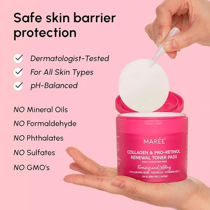 MAREE Collagen Toner Polishes - Toner Pads with Retinol - Minimizing Wrinkle Zero Pore Pads - Hydrating Toning Collagen Ampoule Pad with Retinol & Centella - Anti Aging Brightening Wipes