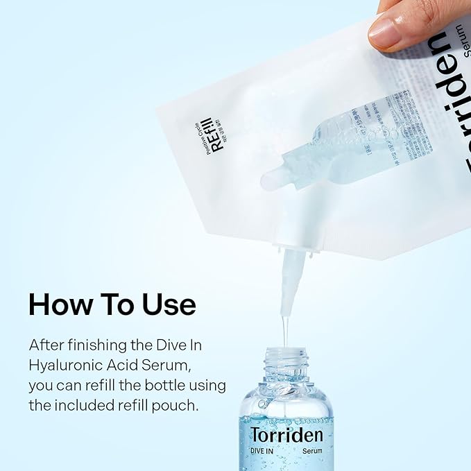 Torriden DIVE IN Serum 1.69 fl oz + refill pouch 1.69 fl oz | Deep Hydration to Get Glow Skin | Hyaluronic Acid, Panthenol, Allantoin | Korean Facial Serum