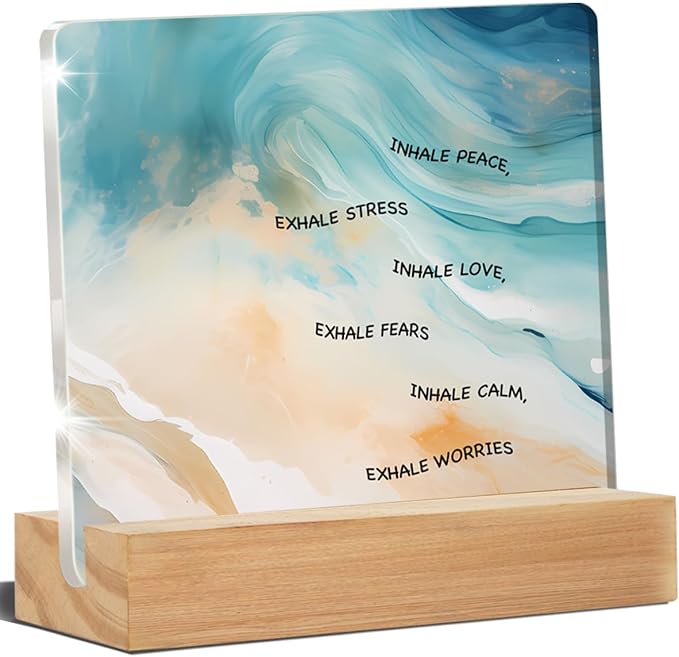 Mental Health Art Desk Decor, Watercolor Motivational Therapy Desk Signs Inhale Exhale Acrylic Desk Plaque Sign Counseling Office Classroom Home Decoration 4 x 4 Inches
