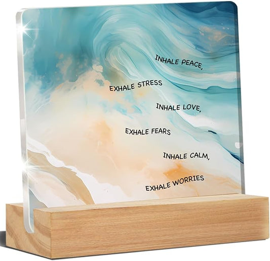 Mental Health Art Desk Decor, Watercolor Motivational Therapy Desk Signs Inhale Exhale Acrylic Desk Plaque Sign Counseling Office Classroom Home Decoration 4 x 4 Inches
