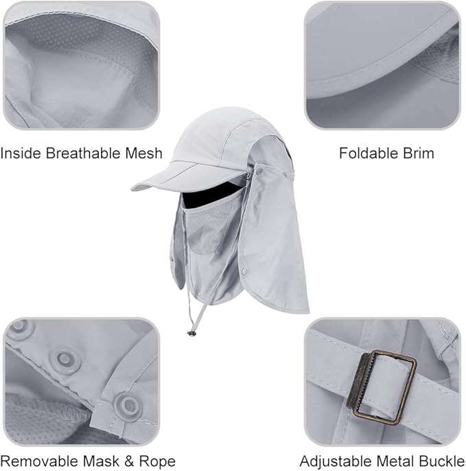 Foldable Sun Cap, Fishing Hats, UPF 50+ Protection Caps with Face Mask Neck Flap