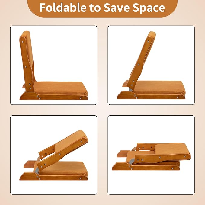HollyHOME Foldable Japanese Style Floor Chair with Back Support, Tatami Chair with Cushion, Meditation Seat for Bay Window, Living Room, Bedroom, Pumpkin Color