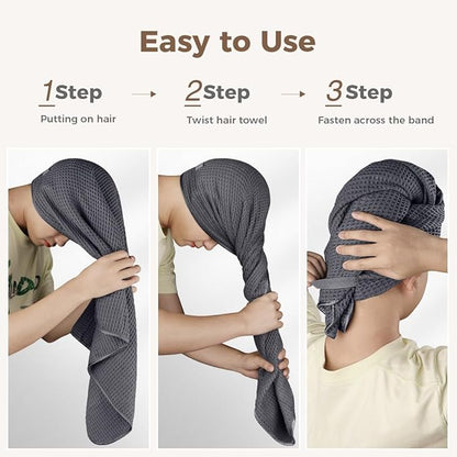 HOMEXCEL 2 Pack Microfiber Hair Towels Waffle Weave- 40 x 26.5 inches Fast Drying Turbans for Long, Thick, Curly Hair - Anti Frizz Wrap with Elastic Strap, Black/Grey