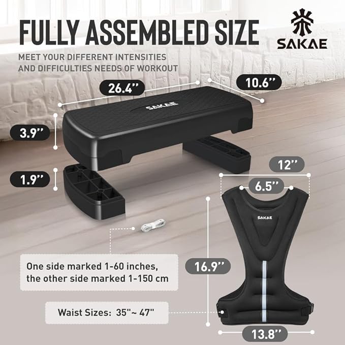 Adjustable Height Aerobic Stepper Set, Multiple Bundle Options with Dumbbells, Kettlebell, Waist Trimmer, Ankle Weights or Weighted Vest, Workout Exercise Step Platform w/Level Risers, 4 Colors