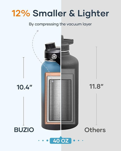 BUZIO 40 oz Insulated Water Bottle, Keep Cold 48h Stainless Steel Water jug with Straw Lid and Carrying Pouch, Lead-Free Leak Proof Double Wall Vacuum Metal Canteen for Sports Gym Beach, Indigo Crush