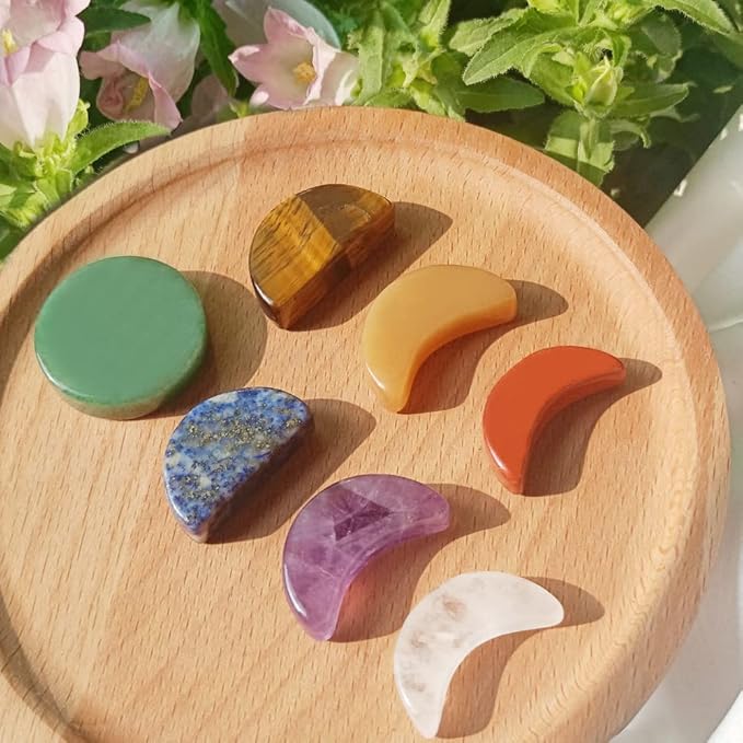 7 Chakra Stones Set Moon Phase Carved - Natural Gemstone Reiki Healing Crystal Quartz for Meditation, Healing, Collectable