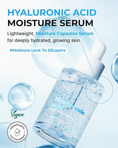BOM Hyaluronic Acid Moisturizing Serum 1.69 fl oz, Lightweight Vegan Facial Serum with Moisture Capsules and Vitamins, Deep 20 Layer Hydration, Face Plumping, Hypoallergenic, Dry Skin Korean Skincare