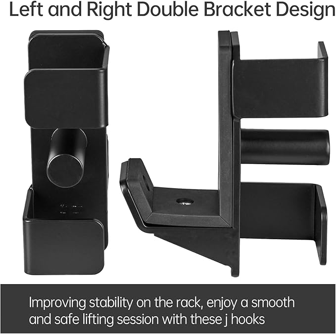J Hooks for 2" x 2" Power Rack, Rubber Pad J-Hook for Power Cage, Bottom Reinforced Steel J Cups for Squat Rack, Heavy Duty Barbell Holder, Black
