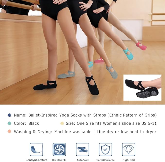 Ozaiic Yoga Socks for Women Non-Slip Grips & Straps, Ideal for Pilates, Pure Barre, Ballet, Dance, Barefoot Workout