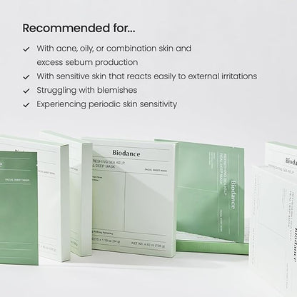 BIODANCE Refreshing Sea kelp Real Deep Mask, Overnight Hydrogel Mask, Calming, Oil & Sebum Control, Blemish Care, Korean Skincare | 1.19oz(34g) x 4ea