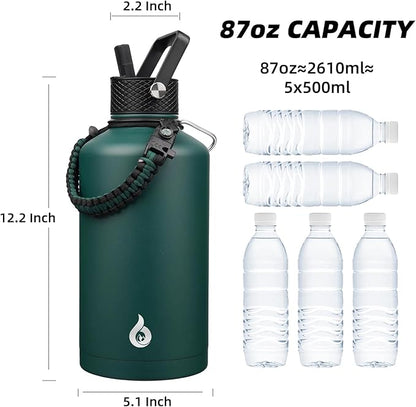 BJPKPK 2/3 Gallon Water Bottle with Straw Lid, 50oz, 64oz, 87oz, 128oz Large, Stainless Steel Water Bottles with 3 Lids and Paracord Handle, Double Wall Vacuum Metal Water Jug, Army Green