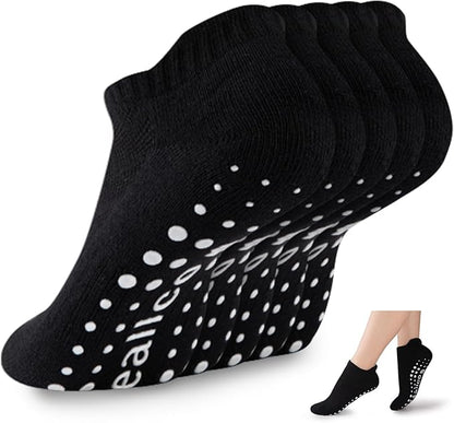 eallco Pilates Socks with Grips for Women Non Slip Yoga Grippy Socks for Barre Barefoot Hospital Workout Cushioned 5 Pairs