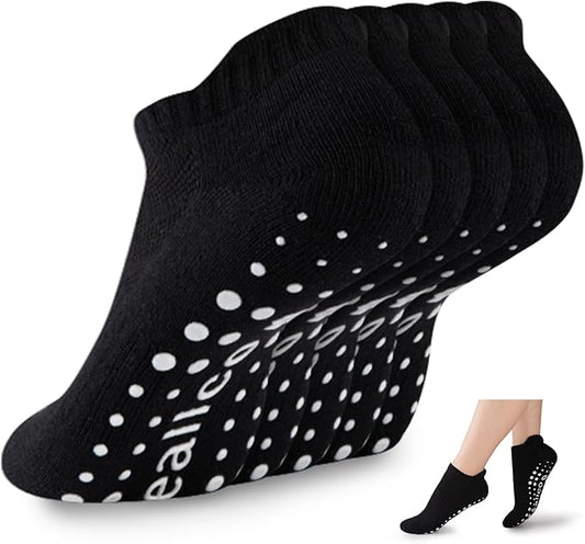 eallco Pilates Socks with Grips for Women Non Slip Yoga Grippy Socks for Barre Barefoot Hospital Workout Cushioned 5 Pairs