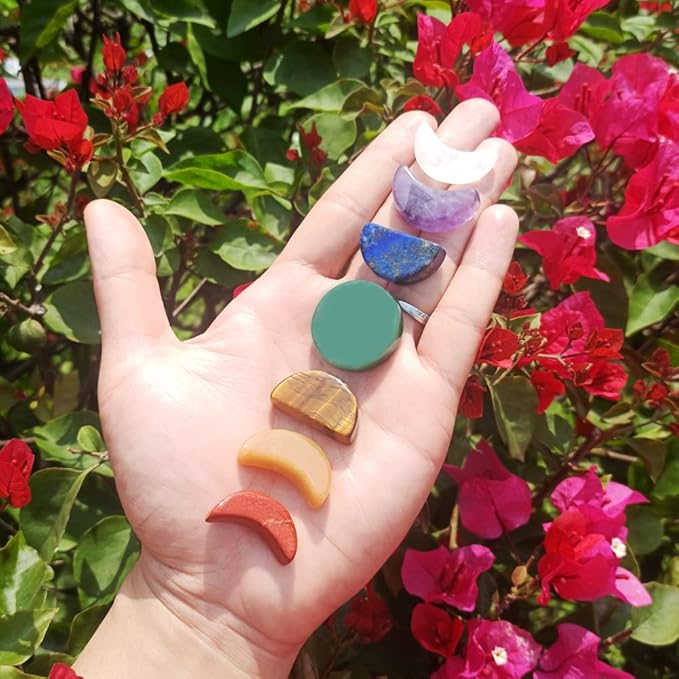 7 Chakra Stones Set Moon Phase Carved - Natural Gemstone Reiki Healing Crystal Quartz for Meditation, Healing, Collectable