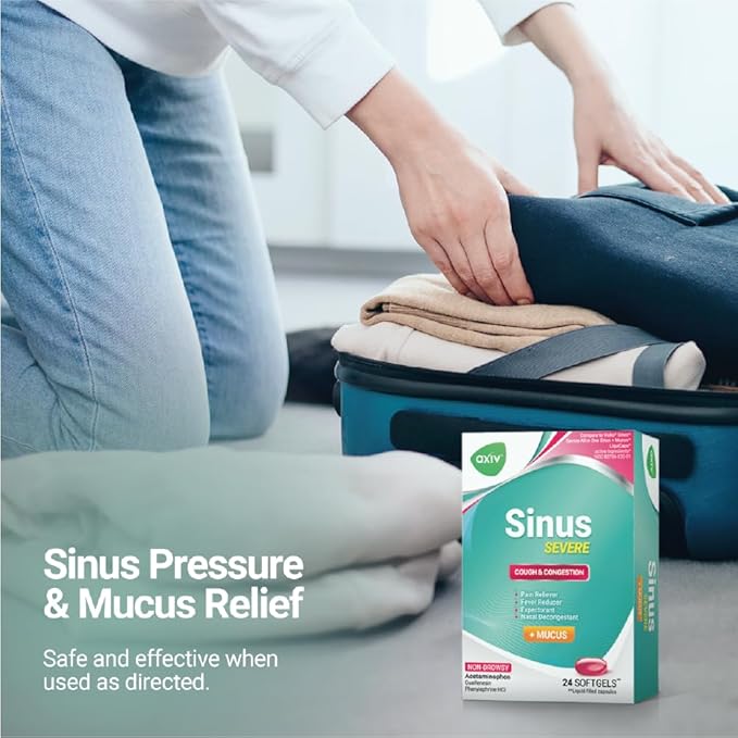 AXIV Sinus Severe + Mucus Relief, Non-Drowsy, Loosens Mucus, Maximum Strength Relief of Pain, Pressure, Congestion, & Headache Ease, 24 Softgels.