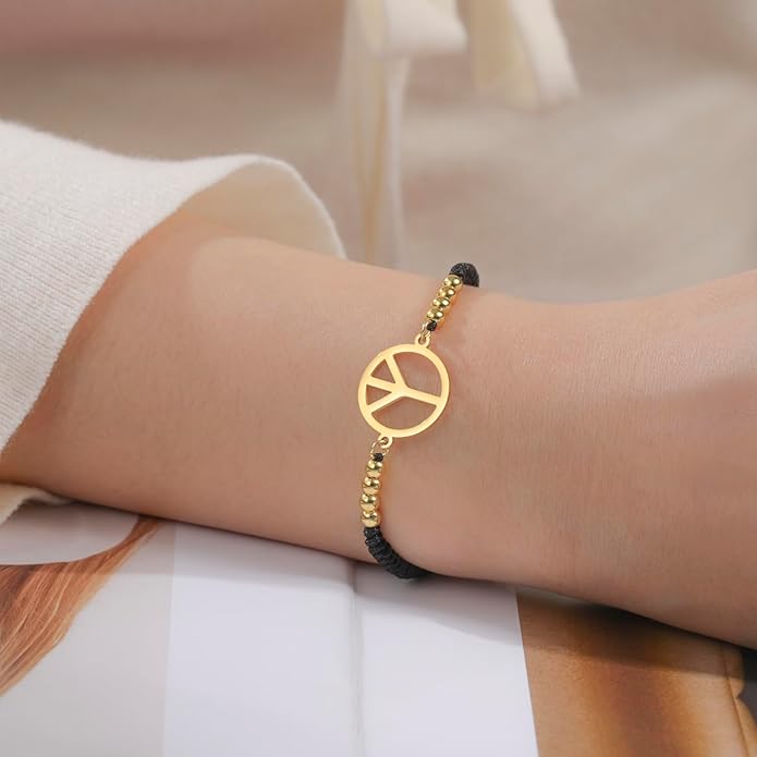 LIKGREAT Peace Sign Pendant Bracelet for Women Peace Symbol Adjustable Handmade Braided Wax Cords Beaded Bracelet