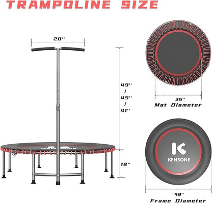 40/48" Low-Impact Rebounder Trampoline for Adults with Bungee, 450/550LBS Quiet Mini Exercise Trampoline with Adjustable U/T-Shaped Foam Handle Bar, Fitness Equipment for Indoor/Gym Workout