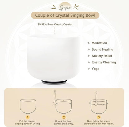 Couple of 2 PCS Crystal Singing Bowl Set, 8" F note Heart Chakra and 10" C note Root Chakra, Sound Bowl Meditation Set for Healing with Carry Case Bag.