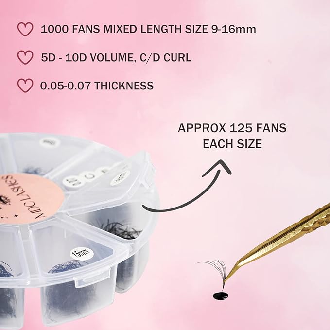 Promade Eyelash Fans Mix Length 1000 Fans Volume Lash Extensions 8D-16D, C/D Curl, 9-16mm Length, 0.05-0.07 Short Stem PBT Synthetic Vegan False Eyelash