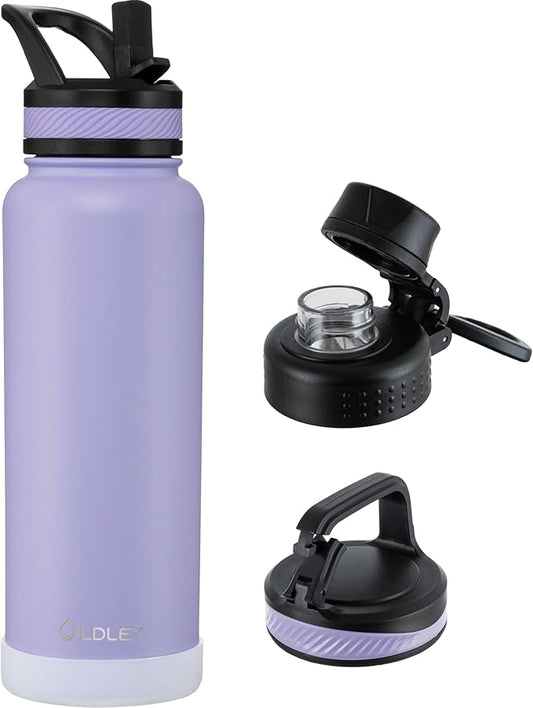 OLDLEY 40 oz Insulated Water Bottle With Straw, Stainless Steel Sports Water Cup Flask with 3 Lids(Straw, Spout and Handle Lid) Double Walled Travel Thermal Canteen Mug,Classic Lavender