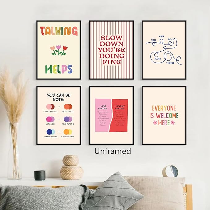 6pcs Mental Health Canvas Wall Art, You Can Do Hard Things Positive Affirmations Poster, Everyone Is Welcome Here Encouraging Print, Circle of Control Therapy Office Wall Decor 16x24in Unframed