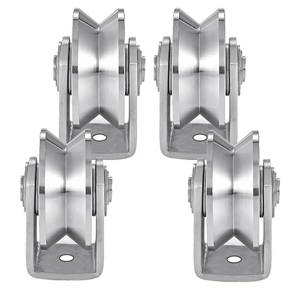 V Groove Wheel Stainless Steel Heavy Duty Wire Rope Pulley Block Sliding Gate Rollers Double Bearing Plate Caster Solid Track Rollers Wheels Fence Gate Wheel