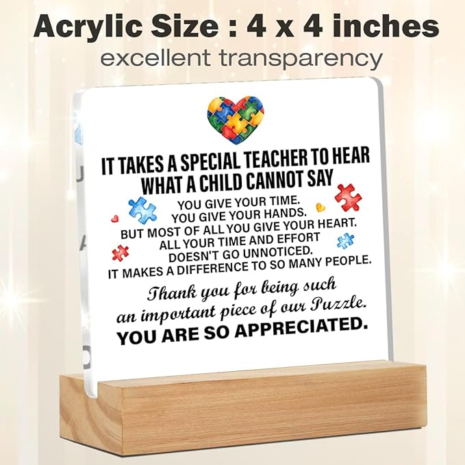 Autism Teacher Gifts: Acrylic Desk Plaque Sign, 4 x 4 Inches