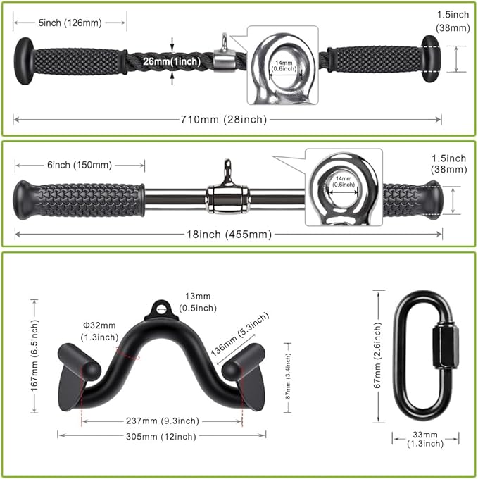 Kipika Cable Machine Attachment, Triceps LAT Pulldown Attachments, Home Gym Workout Accessories Heavy Duty Cable Machine Accessories Triceps Rope D Row Handle LAT Pull Down Bar Straight Bar Exercise