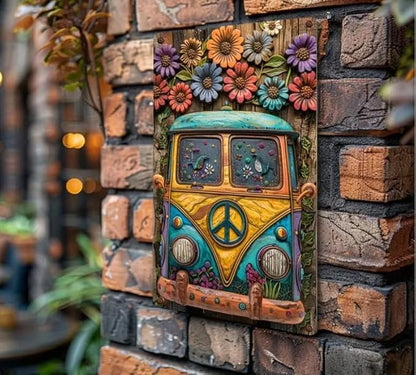 Retro Peace Van Metal Wall Art Sign, 8x12 Inches, Colorful Floral Design, Vintage Hippie Style Home Decor
