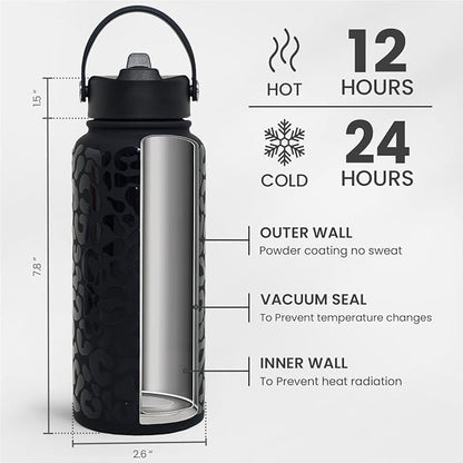 SANDJEST Leopard Water Bottle 32oz Stainless Steel Double Wall Vacuum Insulated with Lid, Leopard Print Water Bottles for Gym Sports Travel Outdoor, Gifts for Women Girls Ladies Birthday Christmas