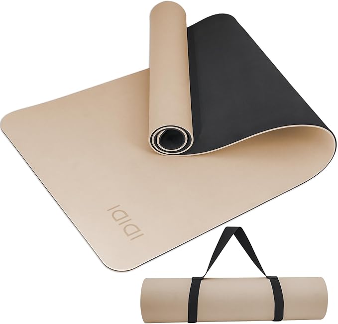 Yoga Mat with Strap,Non-Skid Workout Mat,8mm Thick Yoga Mat,POE Yoga Mats for Women Men Kids,Exercise Mat with Easy-Cinch,72"x24"x0.32” (183x61x0.8cm) (Beige+Black)