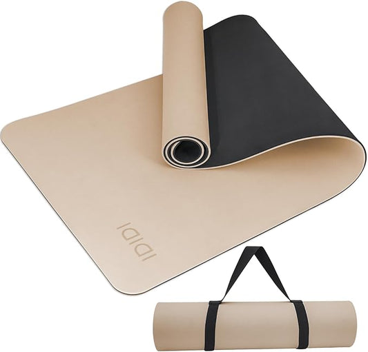 Yoga Mat with Strap,Non-Skid Workout Mat,8mm Thick Yoga Mat,POE Yoga Mats for Women Men Kids,Exercise Mat with Easy-Cinch,72"x24"x0.32” (183x61x0.8cm) (Beige+Black)