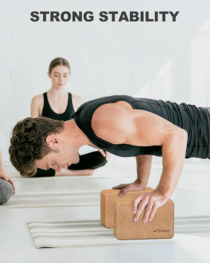 Trideer Cork Yoga Blocks, 2 Pack Natural Cork Blocks, High Density with Non Slip Surface, Eco-Friendly Accessories and Ideal for Yoga, Pilates, Stretching