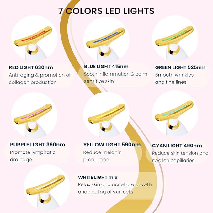 7 Color Face and Neck Massager 7-in-1 LED Light Therapy, Wrinkle Remover & Skin Tightening Device - Red Light Firming, Smoothing with Vibration - Rechargeable Anti-Aging at Home