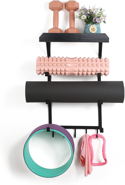 Yoga Mat Holder Wall Mount,17" x 28" Yoga Mat Rack Home Gym Accessories, Storage for Foam Roller, with Wood Floating Shelves for Hanging Yoga Strap and Resistance Bands