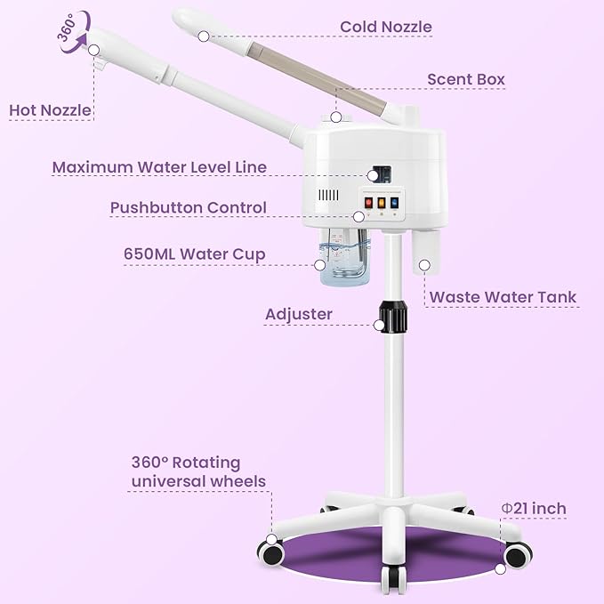 Professional Facial Steamer, 2 in 1 Facial Steamer for Cold Mist & Hot Mist & Timer Function, Stand Face Steamer Adjustable Height for Spa, Salon and at Home use