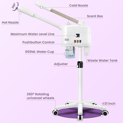 Professional Facial Steamer, 2 in 1 Facial Steamer for Cold Mist & Hot Mist & Timer Function, Stand Face Steamer Adjustable Height for Spa, Salon and at Home use