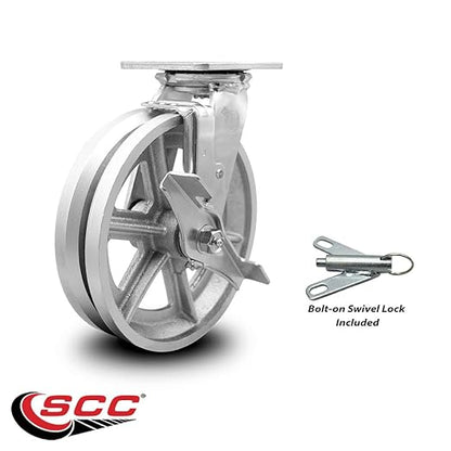 V Groove Semi Steel Cast Iron Swivel Top Plate Heavy Duty Caster with 8 Inch Wheel and Top Lock Brake and Bolt on Swivel Lock – 1,250 lbs. Capacity/Caster - Service Caster Brand