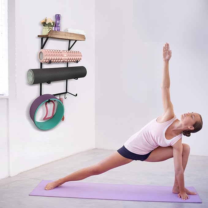Yoga Mat Holder Wall Mount,17" x 28" Yoga Mat Rack Home Gym Accessories, Storage for Foam Roller, with Wood Floating Shelves and 5 Hooks for Hanging Yoga Strap and Resistance Bands