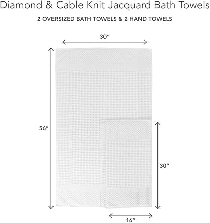 Texere 100% Organic Cotton Diamond Jacquard 700 GSM Luxury Bath Towel Sets - Ultra Soft and Absorbent Hotel and Spa Quality (Diamond, Bright White, 2 Bath & 2 Hand Towels)