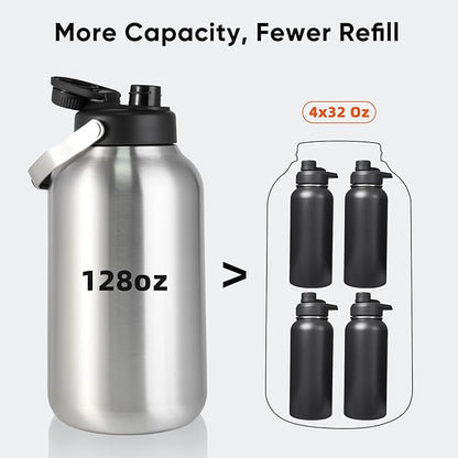 One Gallon Water Bottle, 128oz Stainless Steel Insulated Water Bottle For Hot & Cold Drinks, BPA-Free, Wide Mouth, Leak-Proof Big Water Jug With Handle For Sports, Travel, Hinking & Camping, Silver