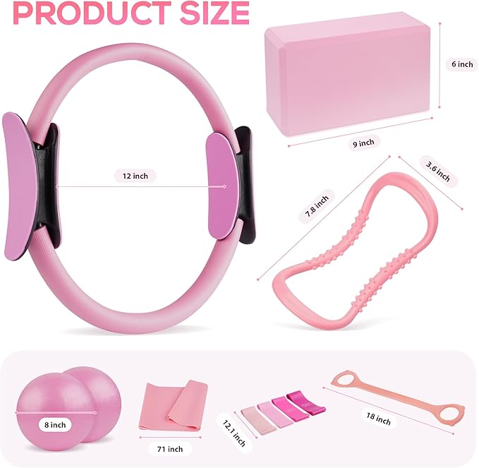 Pilates Ring Essentials Kit for Women,Home Fitness Equipment Sets with 12''Pilates Ring,2 Pilates Ball,Yoga Brick,Elastic Band & Other Accessories Suitable for Exercise & Shape Up-13PCS
