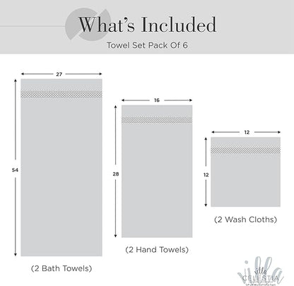 100% Combed Cotton Bathroom Towel Set of 6- 2 Bath Towels, 2 Hand Towels, 2 Wash Cloths, Sustainable, Soft, Highly Absorbent 6 Piece Cotton Bath Towel Set Ideal for Hotels, Spa, Bathroom, Dorm, White