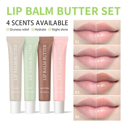 Summer Lip Glossy Butter Lip Balm, Lip Gloss Set, Soothing Lip Skincare, Instant Moisture, Lightweight, Nourish, Hydrate, Moisturizing Tint, Non-Sticky, Long-lasting (4Colors, Large)
