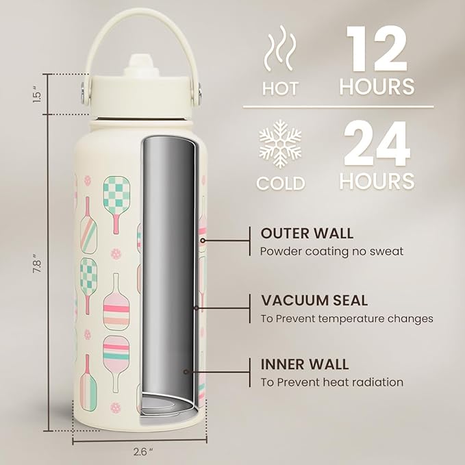 SANDJEST Pickleball Water Bottle 32oz Stainless Steel Insulated Vaccum with Lid, Pickleball Gifts for Pickleball Players, Pickleball Lovers, Women Girls Ladies